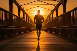 Silhouette of a young fitness man running on sunrise ai generative photo