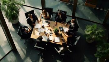 Top view image of motivated employees working together in the office official meeting concept of business ai generative photo