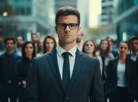 A man in a suit with glasses and a group of people in the background team leader concept ai generative photo