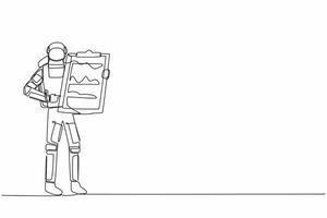 Continuous one line drawing young astronaut standing and pointing big clipboard in moon surface. Checklist of spaceman duty. Cosmonaut outer space. Single line draw graphic design vector illustration