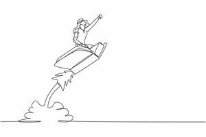 Single continuous line drawing Arabian businessman riding book rocket flying in the sky. Increase interest in reading smart students. Bookstore, education. One line graphic design vector illustration