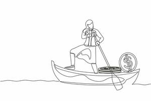 Continuous one line drawing businesswoman sailing away on boat with pile of dollar coins. Criminal stole golden coins from bank. Corruption, robber. Single line draw design vector graphic illustration