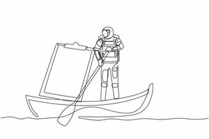 Single continuous line drawing astronaut sailing away on boat with clipboard. Document checklist for space mission preparation. Cosmonaut deep space. One line draw graphic design vector illustration