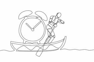 Single one line drawing robot sailing away on boat with alarm clock. Time management in tech business deadline. Robotic artificial intelligence. Continuous line draw design graphic vector illustration