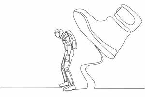 Single one line drawing young astronaut standing weak under huge boot shoe, being fired from company. Future science development. Cosmic galaxy space. Continuous line draw design vector illustration