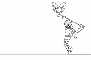 Single one line drawing of young astronaut try to catching flying trophy with butterfly net. Victory and award for galactic exploration. Cosmic galaxy space. Continuous line design vector illustration