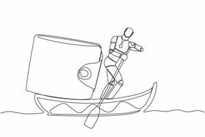 Single continuous line drawing robot sailing away on boat with purse. Money management in tech company. Future technology development. Artificial intelligence. One line draw design vector illustration