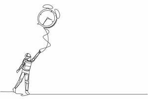 Single continuous line drawing young astronaut holding flying big alarm clock balloon with rope in moon surface. Cosmonaut deep space concept. Dynamic one line draw graphic design vector illustration