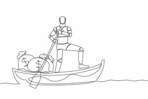 Continuous one line drawing robot sailing away on boat with stack of money bag. Criminal bring huge amount of money. Robotic artificial intelligence. Single line graphic design vector illustration