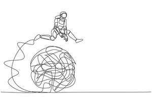 Continuous one line drawing young astronaut jumping over messy line in moon surface. Overcoming complexity of space problem. Cosmonaut outer space. Single line draw graphic design vector illustration