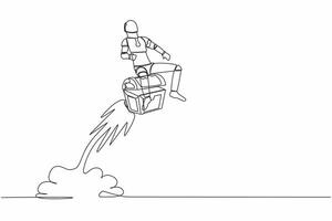 Single continuous line drawing robot riding treasure chest rocket flying in sky. Treasure hunting with tech. Future technology development. Artificial intelligence. One line design vector illustration