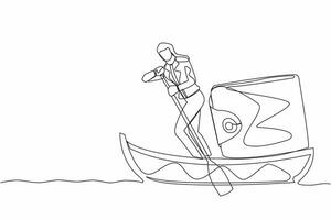 Continuous one line drawing businesswoman sailing away on boat with purse. Financial planning strategy for personal use. Money management concept. Single line draw design vector graphic illustration