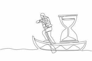 Single continuous line drawing businesswoman standing in boat and sailing with hourglass. Escape from job deadline. Motivation to fast moving. Running out of time. One line design vector illustration