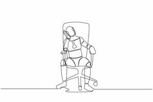 Single one line drawing robot sitting at office chair, feeling stressed, alone. Robotic artificial intelligence. Electronic technology industry. Continuous line draw design graphic vector illustration