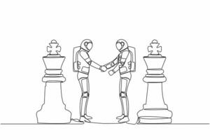 Continuous one line drawing of two astronaut shaking hands together while standing between of king chess pieces. Agreement or partnership. Cosmonaut outer space. Single line design vector illustration
