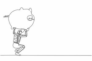 Single continuous line drawing astronaut carrying heavy piggy bank on his back. Broke and financial problems in space industry. Cosmonaut deep space. One line draw design vector graphic illustration