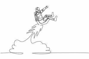 Continuous one line drawing astronaut riding chair rocket flying in moon surface. Human resource development in aerospace companies. Cosmonaut outer space. Single line draw design vector illustration