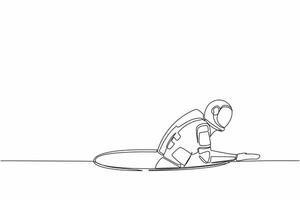 Single continuous line drawing astronaut trying to get out of from hole, metaphor to facing big problem. Spaceship business struggles. Cosmonaut deep space. One line graphic design vector illustration