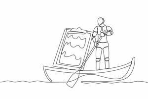 Single continuous line drawing robot sailing away on boat with clipboard. Shipping documents. Future technology development. Artificial intelligence. One line draw graphic design vector illustration