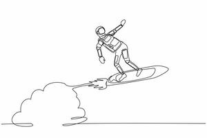 Continuous one line drawing astronaut riding surfing board rocket flying in moon surface. Exploration between planets in the vast space. Cosmonaut outer space. Single line design vector illustration