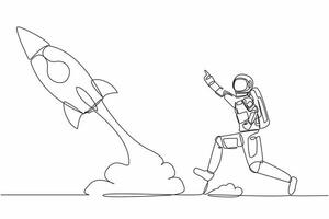 Continuous one line drawing young astronaut run chasing rocket take off in moon surface. Left behind departure back to earth. Cosmonaut outer space concept. Single line draw design vector illustration