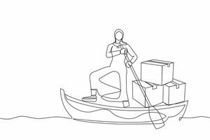 Single one line drawing Arab businesswoman standing in boat and sailing with pile of cardboard. Shipping through the ocean. Delivery and packaging. Continuous line design graphic vector illustration