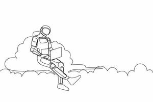 Continuous one line drawing astronaut sitting on cloud in sky and working with laptop. Wireless internet connection in space control. Cosmonaut outer space. Single line draw design vector illustration