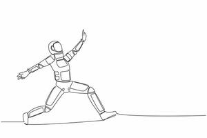 Single continuous line drawing happy astronaut jumping with spread both leg and raise one hand. Celebrating successful spaceship mission. Cosmonaut deep space. One line draw design vector illustration