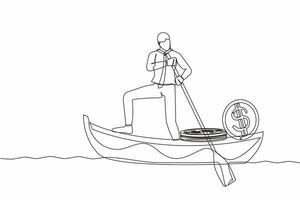 Continuous one line drawing businessman standing in boat and sailing with pile of dollar coins. Criminal stole golden coins from bank. Escape with money. Single line design vector graphic illustration