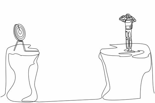 Continuous one line draw astronaut standing on cliff with binoculars looking for target on another cliff. Focus in spaceship innovation. Cosmonaut outer space. Single line design vector illustration