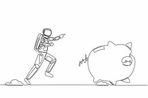 Single one line drawing of young astronaut chase piggy bank in moon surface. Savings for investment exploration of the universe. Cosmic galaxy space. Continuous line graphic design vector illustration