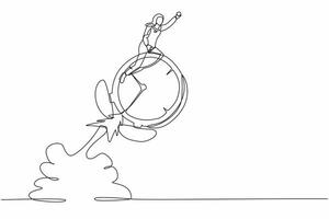 Continuous one line drawing Arabian businesswoman riding alarm clock rocket flying in the sky. Productivity or efficiency to finish work, speed and urgency. Single line draw design vector illustration