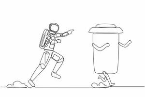 Single continuous line drawing young astronaut run chasing paper cup in moon surface. Recycling waste treatment in outer space. Cosmic galaxy space concept. One line graphic design vector illustration