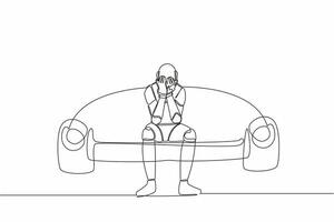 Single one line drawing lonely robot sitting on couch. Holding his head. Failure concept. Robotic artificial intelligence. Technology industry. Continuous line draw design graphic vector illustration