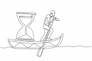 Continuous one line drawing businessman standing in boat and sailing with hourglass. Manager escape from deadline. Motivation to go forward. Running out of time. Single line design vector illustration