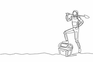 Single one line drawing young astronaut digging ground with shovel and step on treasure chest. Success achievement in interstellar discovery. Cosmic galaxy space. Continuous line graphic design vector