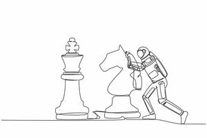 Continuous one line drawing of young astronaut push huge knight horse chess piece to take down king in moon surface. Cosmonaut outer space concept. Single line draw design vector graphic illustration