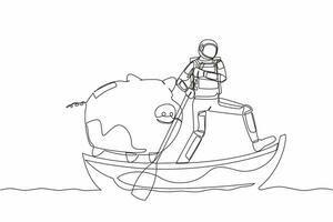 Single continuous line drawing astronaut sailing away on boat with piggy bank. Save money on the shuttle company due to crisis. Cosmonaut deep space concept. One line draw design vector illustration