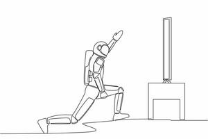 Continuous one line drawing astronaut doing fitness at moon surface in online class using TV screen. Fitness online training. Cosmonaut outer space. Single line draw graphic design vector illustration