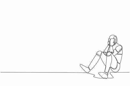 Single continuous line drawing robot cover his face by hands and sitting on the floor. Depression disorder, sad, sorrow. Robotic machine learning process. One line design vector graphic illustration