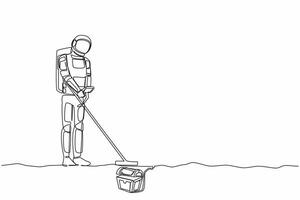 Single one line drawing young astronaut with metal detector looking for treasure chest and finding precious jewel. Cosmic galaxy space concept. Continuous line draw graphic design vector illustration
