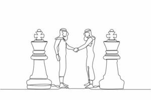 Continuous one line drawing two Arab businessmen shaking hands together while standing between of king chess pieces. Agreement or partnership decision. Single line design vector graphic illustration