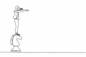 Continuous one line drawing of businesswoman on top of horse chess piece pointing and using binoculars, looking for success, opportunities, future trends, idea. Single line design vector illustration