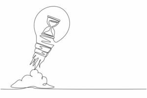 Single continuous line drawing hourglass launching with light bulb. The best time for a startup. Business deadline. Metaphor of space exploration. Dynamic one line graphic design vector illustration