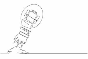 Single one line drawing briefcase launching with light bulb. Financial startup project launch, business gain, investment, earning or profit. Modern continuous line design graphic vector illustration