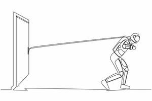 Single continuous line drawing young astronaut trying hard to pulling rope to drag heavy door frame, metaphor to facing big problem. Cosmonaut deep space. One line graphic design vector illustration