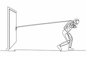 Single continuous line drawing young astronaut trying hard to pulling rope to drag heavy door frame, metaphor to facing big problem. Cosmonaut deep space. One line graphic design vector illustration