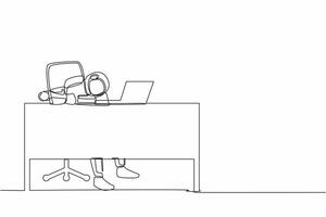 Single one line drawing anxiety young astronaut in office with put his head on working desk. Crisis in spaceship industry. Cosmic galaxy space. Continuous line draw graphic design vector illustration