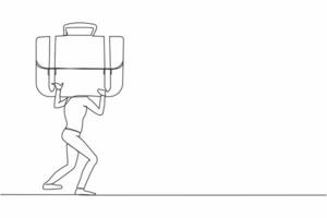 Single one line drawing exhausted businessman carrying heavy briefcase on his back. Difficulty business task. Pressure workload. Anxiety and overload worker. Continuous line design vector illustration