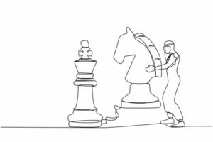 Single one line drawing Arabian businessman holding horse chess piece to beat king chess. Strategic planning, business development strategy, tactics in game. Continuous line design vector illustration